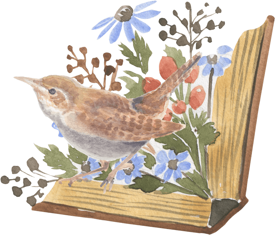 Wren inside a book filled with flowers representing editing services
