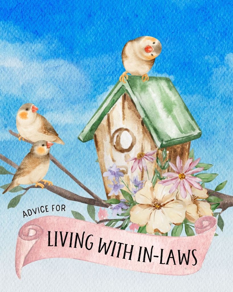 A watercolor image of three birds sitting near a bird house on a branch, two perched near the house and one sitting on top, representing the idea of living with in-laws